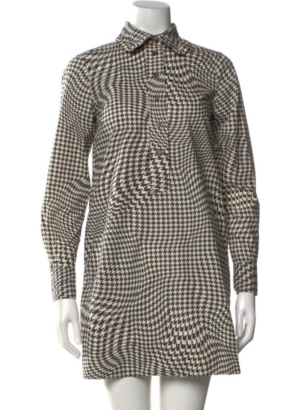 Ganni Houndstooth Long-Sleeve Shirt Dress in Black & White